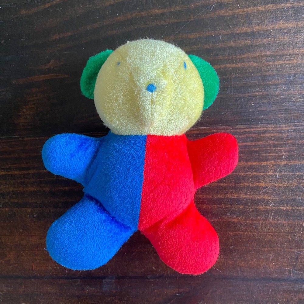 Vintage Primary Color Block Teddy Bear Rattle Plush Red Blue Yellow Green 7"